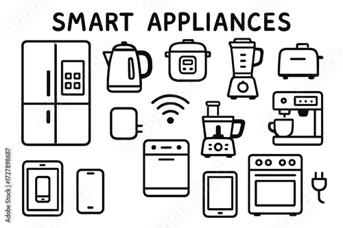 Smart Home Doodle. Hand-drawn doodle illustration Smart appliances smart fridge, touchscreen, kettle, rice cooker, blender, food processor, toaster, coffee