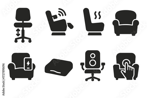 Smart Seating Icons. Solid, filled icon set of smart seating: adjustable height seat, remote-controlled recliner, heated seat, built-in speaker chair, charging