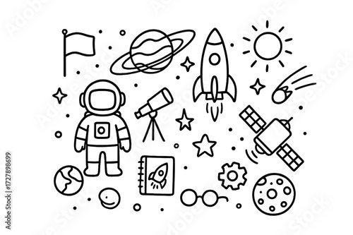 Space Research Doodles. Hand-drawn doodle illustration space research astronaut, rocket, telescope, satellite, planet, star, sun, orbit lines, notebook, flag,