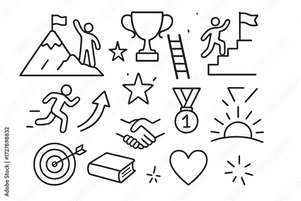 Obraz premium Achievement Doodle Icons. Hand-drawn doodle illustration People overcoming challenges and achieving goals mountain peak, flag, trophy, ladder, stairs, running