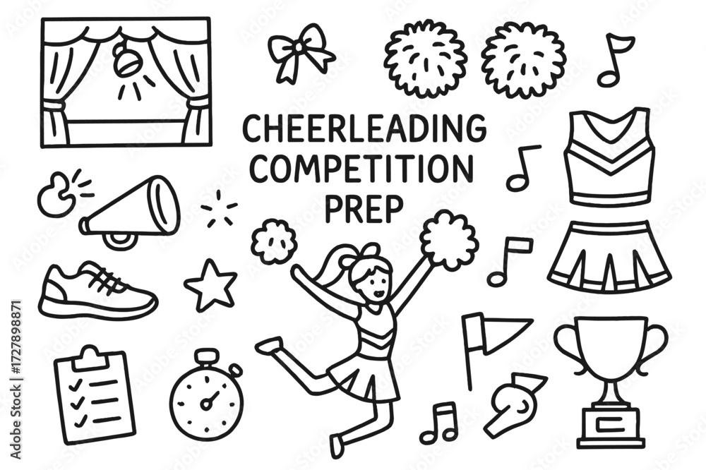 Fototapeta premium Cheerleading Prep Icons. Hand-drawn doodle illustration Cheerleading Competition Prep [stage, spotlight, pom-poms, megaphone, uniform, bow, sneakers, star,