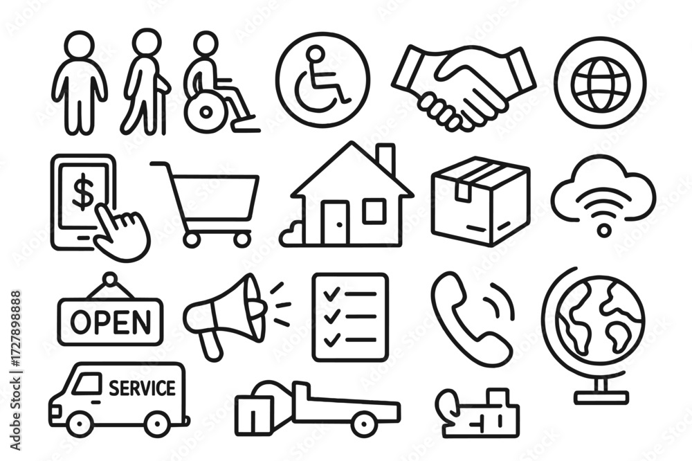 Fototapeta premium Inclusive Market Access Icons. Hand-drawn doodle illustration inclusive market access people icons, ramp, accessibility symbol, handshake, mobile payment,