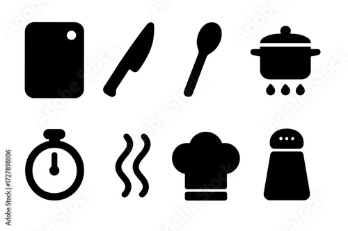 Cooking Icon Set. Solid, filled icon set of cooking process: chopping board, knife, stirring spoon, pot on stove, timer, steam, chef hat, salt shaker. [Line
