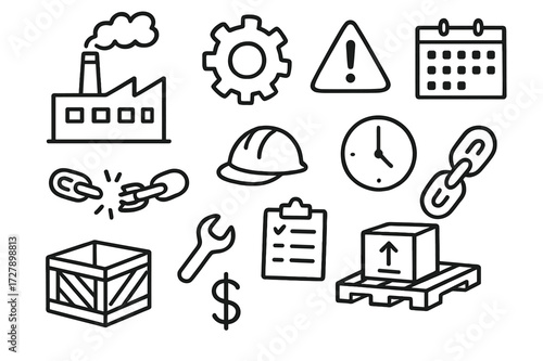 Factory Halt Doodle. Hand-drawn doodle illustration Factory production halt [factory, gear, smoke stack, warning triangle, clock, calendar, broken chain,