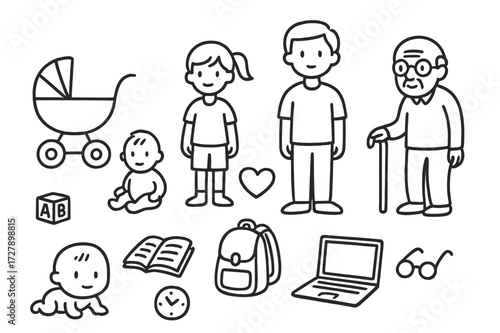 Life Stages Icons. Hand-drawn doodle illustration Human growth stages baby, toddler, child, teenager, adult, elder, stroller, toy block, book, backpack,