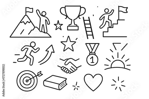 Achievement Doodle Icons. Hand-drawn doodle illustration People overcoming challenges and achieving goals mountain peak, flag, trophy, ladder, stairs, running