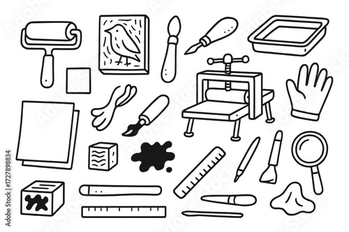 Printmaking Tools Doodle. Hand-drawn doodle illustration [Custom printmaking tools] [brayer roller, linoleum block, carving tool, ink tray, paper sheet, art