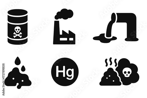 Industrial Waste Icons. Solid, filled icon set of industrial waste: chemical barrel, factory smokestack, oil spill, waste pipe, sludge, heavy metal, ash pile,