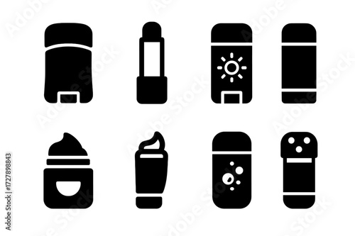 Solid Care Icon Set. Solid, filled icon set of stick personal care: deodorant stick, lip balm, sunscreen stick, solid lotion, hair wax, toothpaste stick, solid
