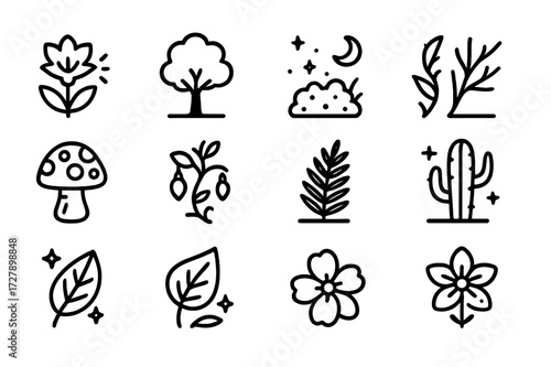 Twilight Flora Icons. Twilight flora. Line icon set of twilight flora: glowing flower, silhouetted tree, firefly bush, moonlit grass, mystical mushroom,