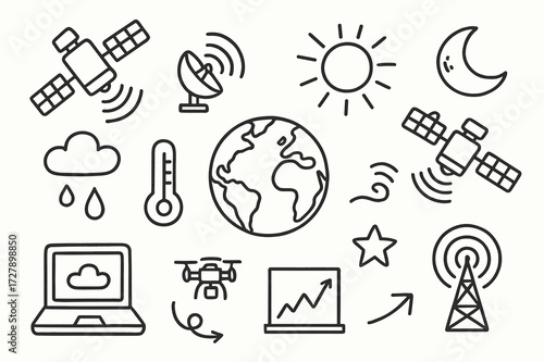 Weather Satellite Doodles. Hand-drawn doodle illustration Weather satellites orbiting satellite, globe, radar waves, cloud, raindrop, thermometer, sun, moon,
