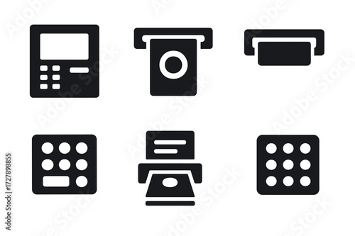 Cash Machine Icons. Solid, filled icon set of cash machines: ATM, cash dispenser, card slot, PIN pad, receipt printer, cash withdrawal, banknote stack,
