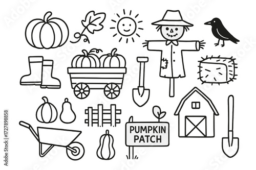 Pumpkin Patch Icons. Hand-drawn doodle illustration [Pumpkin patch] [pumpkin, leaf, vine, wagon, boots, scarecrow, hay bale, crow, wheelbarrow, fence, gourd,