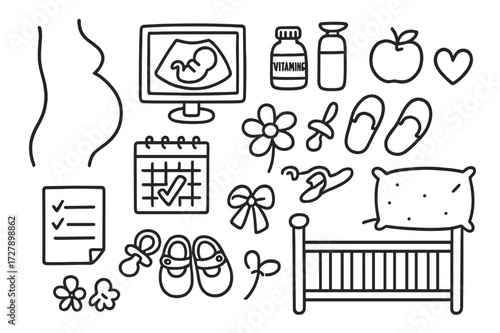 Pregnancy Journey Doodles. Hand-drawn doodle illustration Pregnancy journey belly outline, ultrasound screen, vitamins, water bottle, apple, heart, slippers,