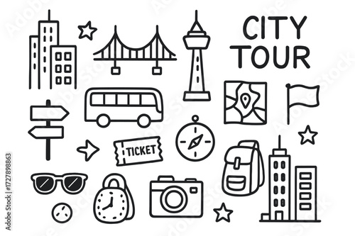 City Tour Doodle. Hand-drawn doodle illustration modern city tour skyscraper, tower, bridge, bus, street sign, compass, ticket, backpack, sunglasses, clock,