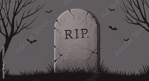 Cartoon gravestone with rip inscription in a spooky halloween background