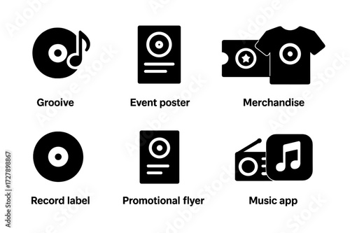 Groove Branding Icons. Solid, filled icon set of groove commercial and branding: music logo, event poster, concert ticket, merchandise, record label,