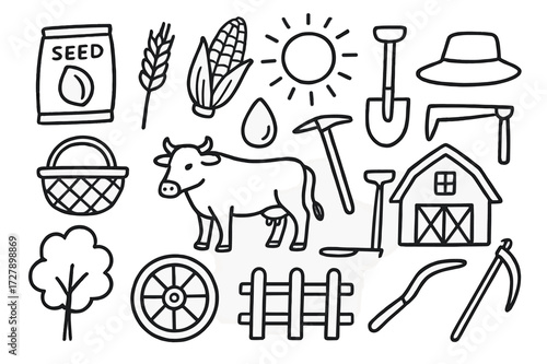 Farm Life Icons. Hand-drawn doodle illustration Crop cultivation seed, grain stalk, corn cob, sun, water droplet, shovel, hoe, basket, ox, barn, farmer hat,
