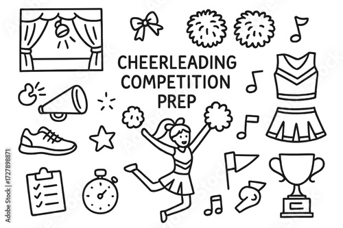 Cheerleading Prep Icons. Hand-drawn doodle illustration Cheerleading Competition Prep [stage, spotlight, pom-poms, megaphone, uniform, bow, sneakers, star,