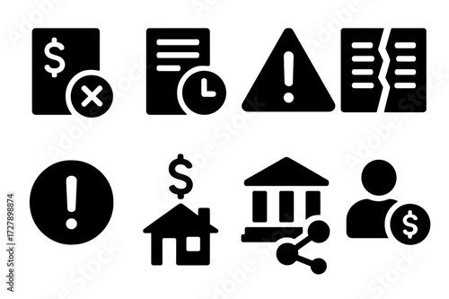 Default Alert Icons. Solid, filled icon set of default concepts: missed payment, overdue notice, warning sign, broken contract, red alert, loan default,