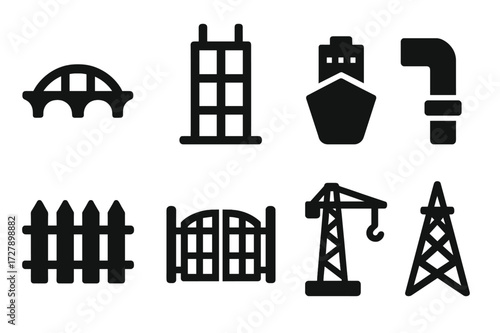 Metal Structure Icons. Solid, filled icon set of metal structures: bridge, skyscraper frame, ship hull, pipeline, fence, metal gate, crane, tower. [Solid,