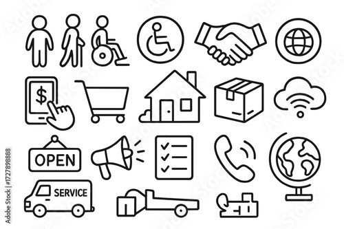 Inclusive Market Access Icons. Hand-drawn doodle illustration inclusive market access people icons, ramp, accessibility symbol, handshake, mobile payment,