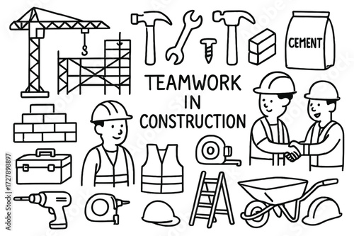 Construction Teamwork Icons. Hand-drawn doodle illustration [teamwork in construction] [worker, helmet, crane, scaffolding, hammer, wrench, cement bag, bricks,