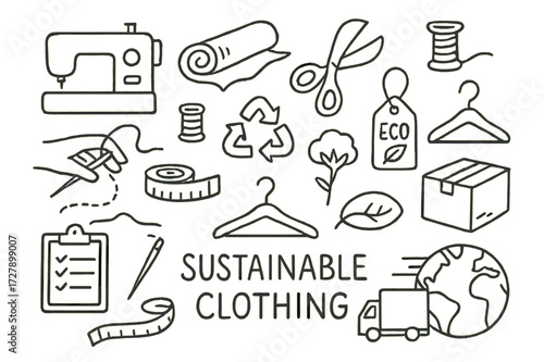 Sustainable Clothing Workshop Icons. Hand-drawn doodle illustration Sustainable clothing workshop, sewing machine, fabric roll, scissors, thread spool, hand