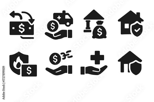 Emergency Funding Icons. Solid, filled icon set of emergency funding: cash flow, loan disbursement, credit facility, bailout fund, asset transfer, debt relief,
