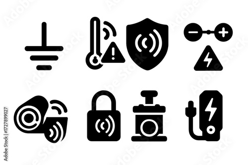 Wireless Charging Safety Icons. Solid, filled icon set of wireless charging safety: grounding, temperature warning, electromagnetic shield, short circuit,