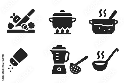 Soup Icons Set. Solid, filled icon set of soup preparation: chopping vegetables, boiling pot, stirring spoon, simmering pot, seasoning shaker, blender,