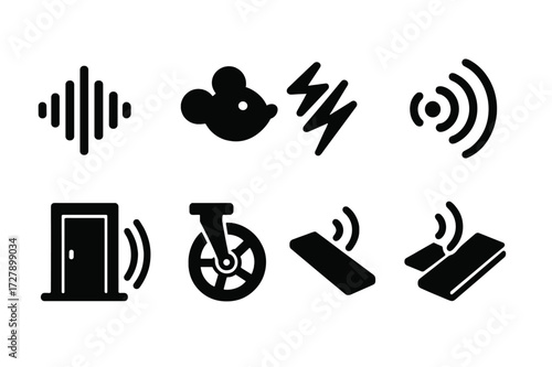 Sound Effects Icons. Solid, filled icon set of creaking sound effects: sound wave, squeak, creak lines, vibration, echo, old door, squeaky wheel, wooden floor