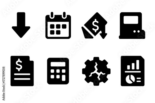 Asset Depreciation Icons. Solid, filled icon set of asset depreciation: downward arrow, calendar, value loss, old machine, tax document, calculator, wear and