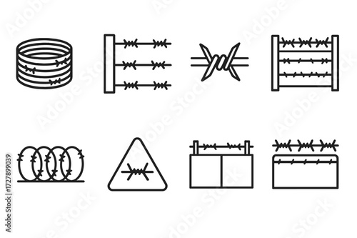 Barbed Wire Icons. Outline icon set of barbed wire: wire coil, fence post, sharp barb, twisted wire, fence gate, razor wire, warning sign, security barrier.
