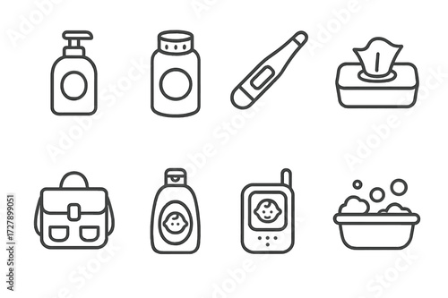 Baby Care Icons. Outline icon set of baby care: baby lotion, baby powder, thermometer, baby wipes, diaper bag, baby shampoo, baby monitor, baby bath. Line
