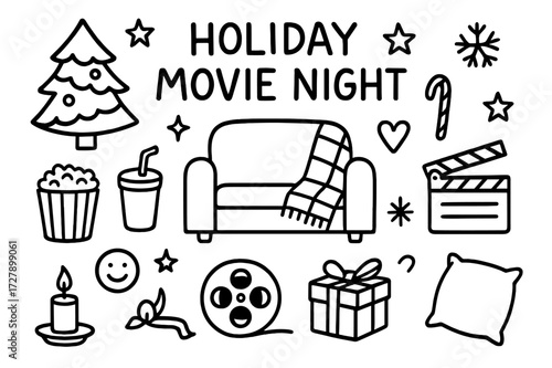 Holiday Movie Doodle. Hand-drawn doodle illustration Holiday movie night [Christmas tree, popcorn bucket, soda, candy cane, couch, blanket, stars, snowflake,