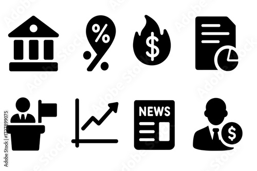 Exchange Rate Influencers Icons. Solid, filled icon set of exchange rate influencers: central bank, interest rate, inflation, economic report, political event,