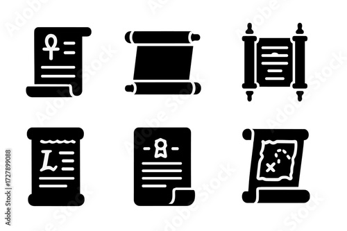 Historical Scroll Icons. Solid, filled icon set of historical scrolls: Egyptian papyrus, Chinese scroll, Torah scroll, medieval manuscript, royal decree, map