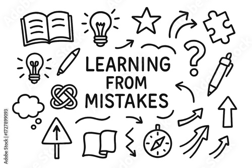 Learning from Mistakes. Hand-drawn doodle illustration Learning from mistakes open book, light bulb, gear, star, puzzle piece, arrow, clock, question mark,