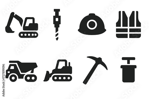 Cobalt Mining Icons. Solid, filled icon set of cobalt mining equipment: excavator, drill rig, mining helmet, safety vest, dump truck, loader, pickaxe, blasting