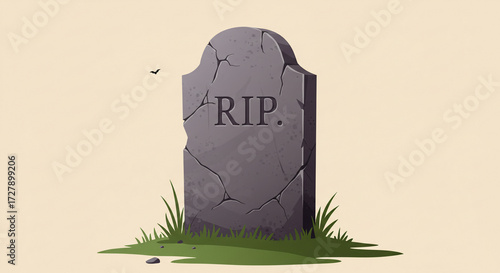 Cartoon gravestone with rip inscription on light background, rest in peace