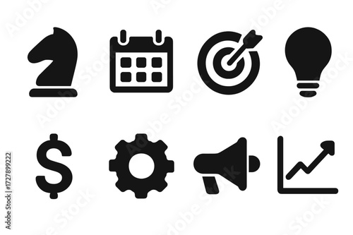 Marketing Strategy Icons. Solid, filled icon set of marketing strategy: chess knight, calendar, target, light bulb, dollar sign, gear, megaphone, graph. [Line