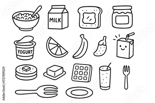 Breakfast Essentials Doodles. Hand-drawn doodle illustration kids breakfast cereal bowl, spoon, milk carton, toast, jam jar, yogurt cup, fruit slice, banana,