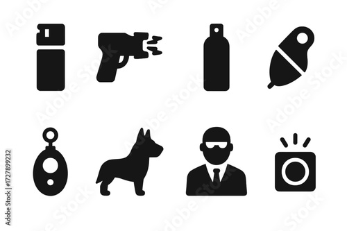 Personal Security Icons. Solid, filled icon set of personal security: pepper spray, taser, self-defense spray, whistle, personal alarm, guard dog, bodyguard,