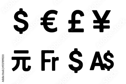 Currency Icon Set. Solid, filled icon set of currency types: US dollar, Euro, British pound, Japanese yen, Chinese yuan, Swiss franc, Canadian