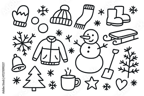 Winter Doodle Fun. Hand-drawn doodle illustration Snowball fight fun mitten, hat, scarf, boots, snowball, snowflake, snowman, sled, jacket, shovel, star,
