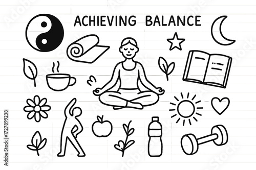 Achieving Balance Icons. Hand-drawn doodle illustration Achieving balance yin yang, yoga mat, lotus pose, tea cup, leaf, journal, heart, star, sun, moon,