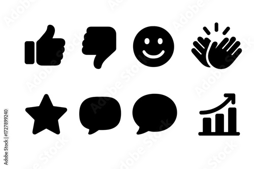 Presentation Feedback Icons. Solid, filled icon set of presentation feedback: thumbs up, thumbs down, smiley face, clapping hands, star rating, comment, chat