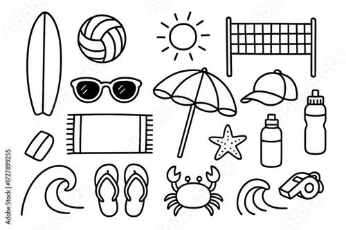 Beach Sports Doodles. Hand-drawn doodle illustration Beach sports surfboard, volleyball, net, ball, sunglasses, water bottle, cap, whistle, towel, umbrella,