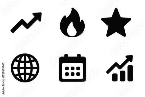 Social Media Icons. Solid, filled icon set of social media trends: trending up, hashtag, fire, star, globe, calendar, light bulb, graph. [Line icons in only